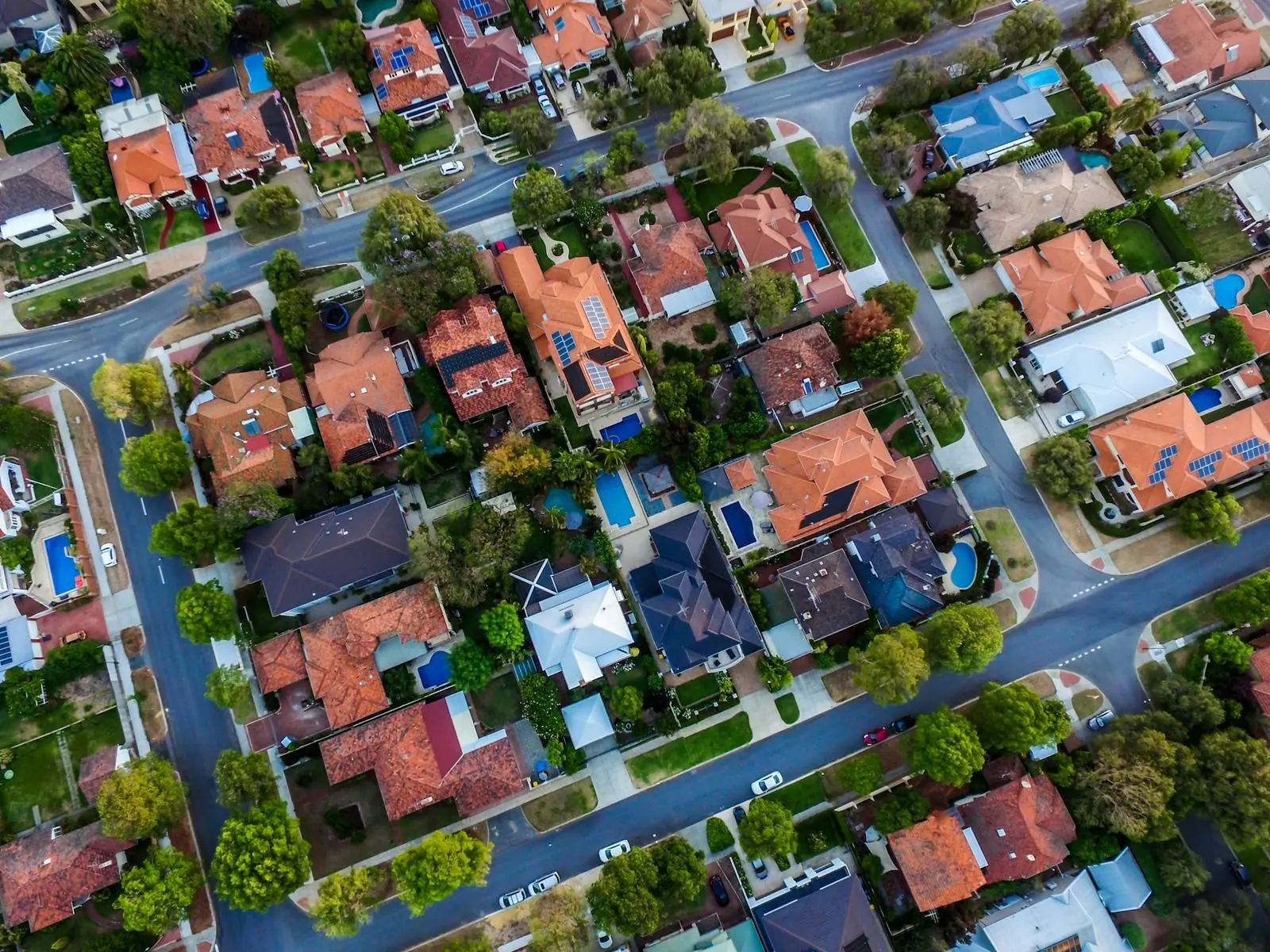 Rows of suburban homes from above in an Australian neighbourhood